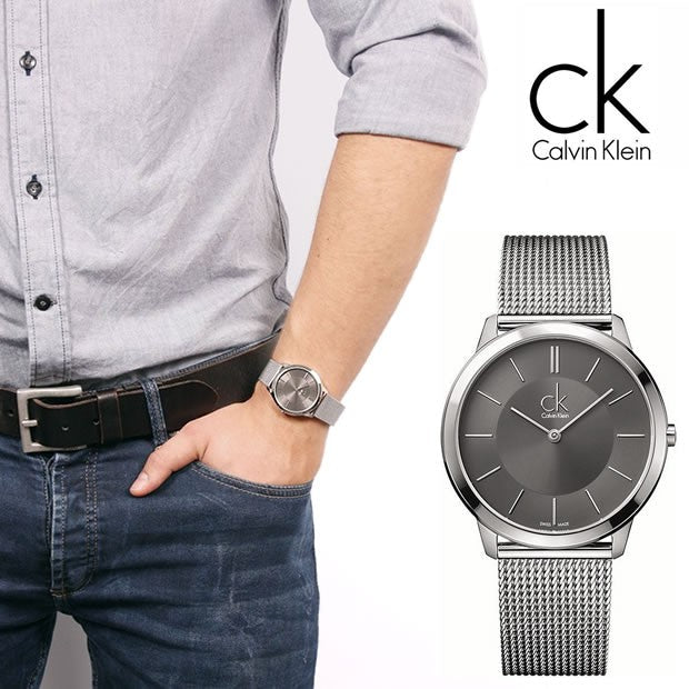 Calvin Klein Minimal Grey Dial Silver Mesh Bracelet Watch for Men - K3M21124