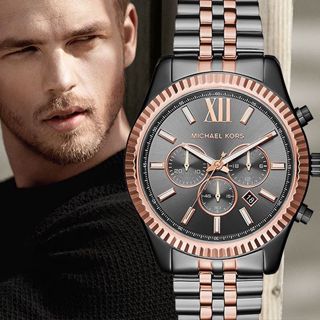 Michael Kors Lexington Chronograph Black Dial Two Tone Steel Strap Watch for Men - MK8561