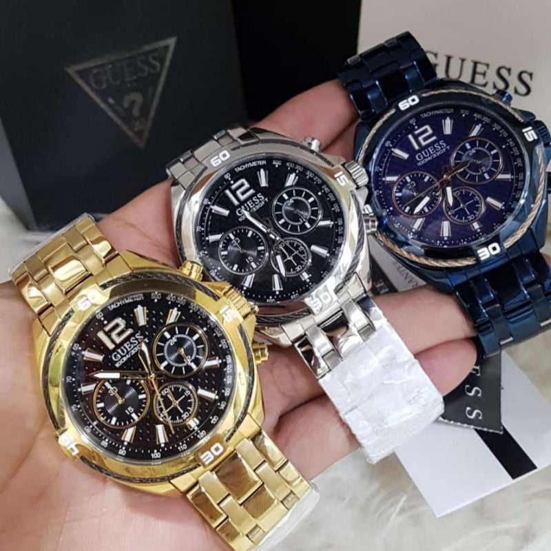 Guess Surge Chronograph Black Dial Silver Steel Strap Watch for Men - W1258G1