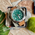 Fossil Dillinger Luggage Chronograph Green Dial Brown Leather Strap Watch for Men - FS5734