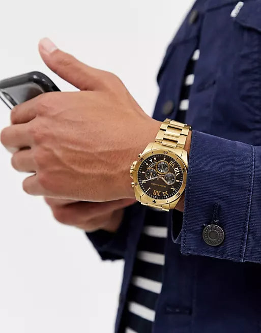 Michael Kors Brecken Chronograph Quartz Black Dial Gold Steel Strap Watch For Men - MK8481