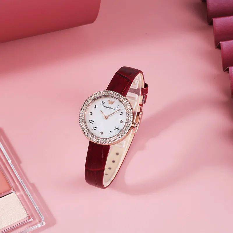 Emporio Armani Rosa Two Hand White Dial Red Leather Strap Watch For Women - AR11357
