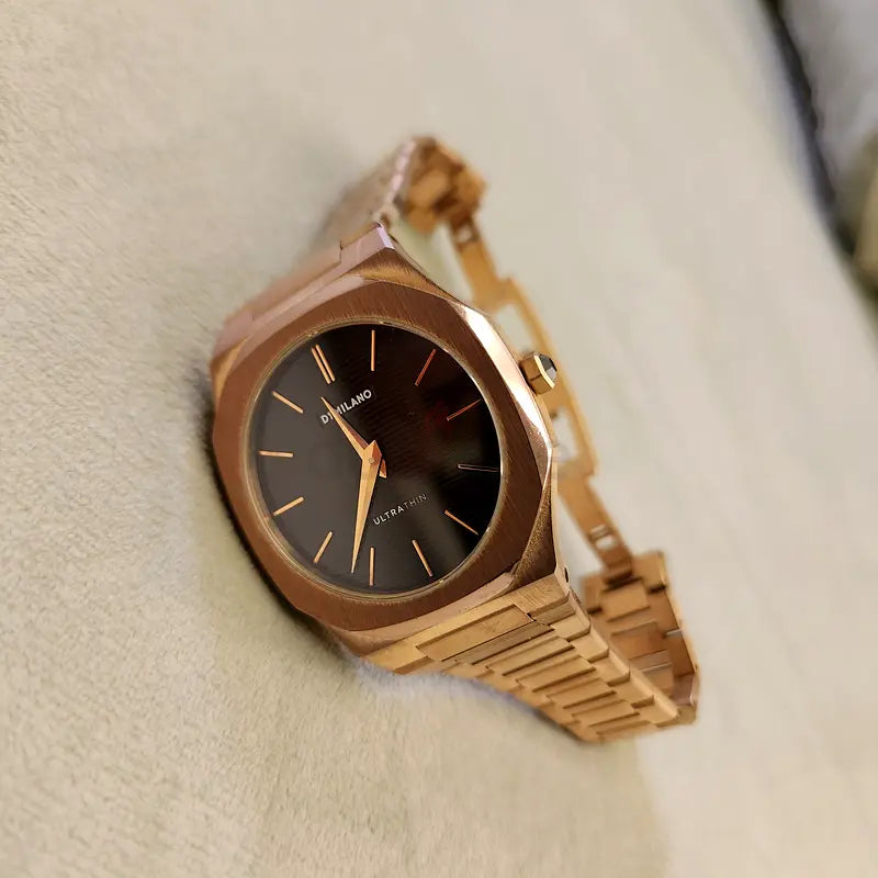 D1 Milano Ultra Thin Brown Dial Gold Steel Strap Watch for Men - D1-UTBJ13