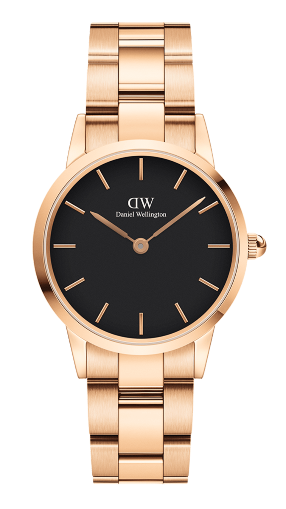 Daniel Wellington Iconic Link Black Dial Rose Gold Steel Strap Watch For Men - DW00100344