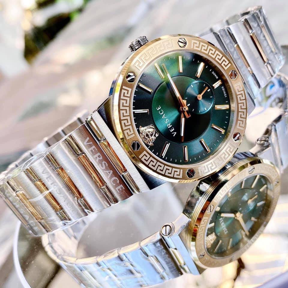 Versace Greca Green Dial Silver Steel Strap Watch for Men - VEVI00420