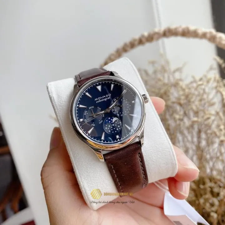 Movado Heritage Moonphase Blue Dial Brown Leather Strap Watch For Women - 3650009
