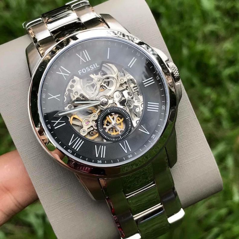 Fossil Grant Skeleton Black Dial Silver Steel Strap Watch for Men - ME3055