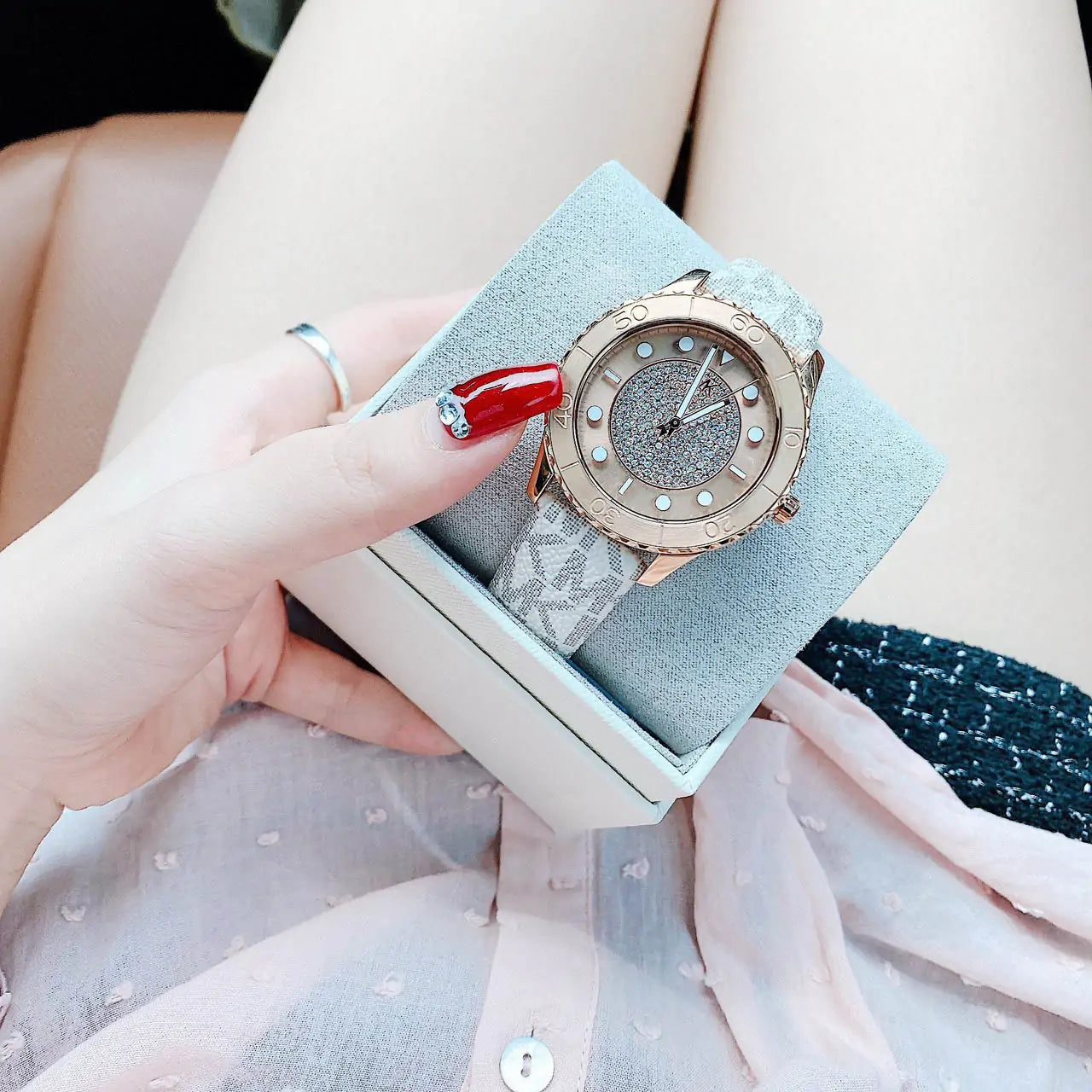Michael Kors Runway Quartz Rose Gold Dial White Leather Strap Watch For Women - MK6980