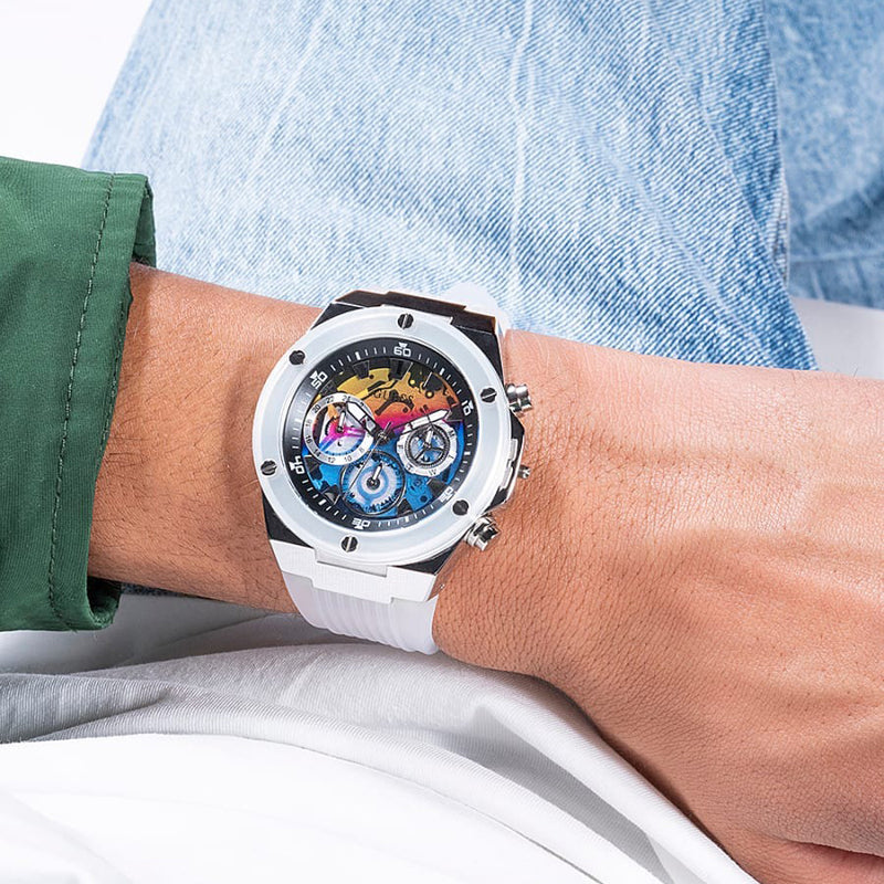 Guess Poseidon Chronograph Rainbow Dial White Silicone Strap Watch For Men - GW0425G4