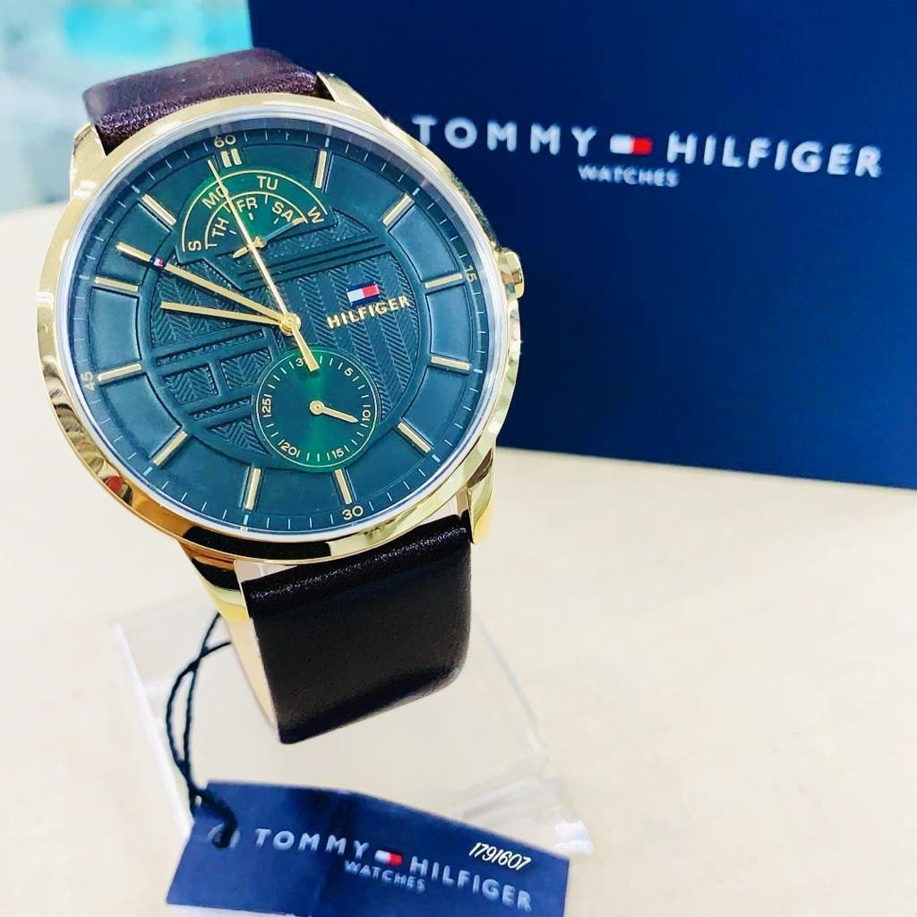 Tommy Hilfiger Hunter Green Dial Brown Leather Strap Watch for Men - 1791607
