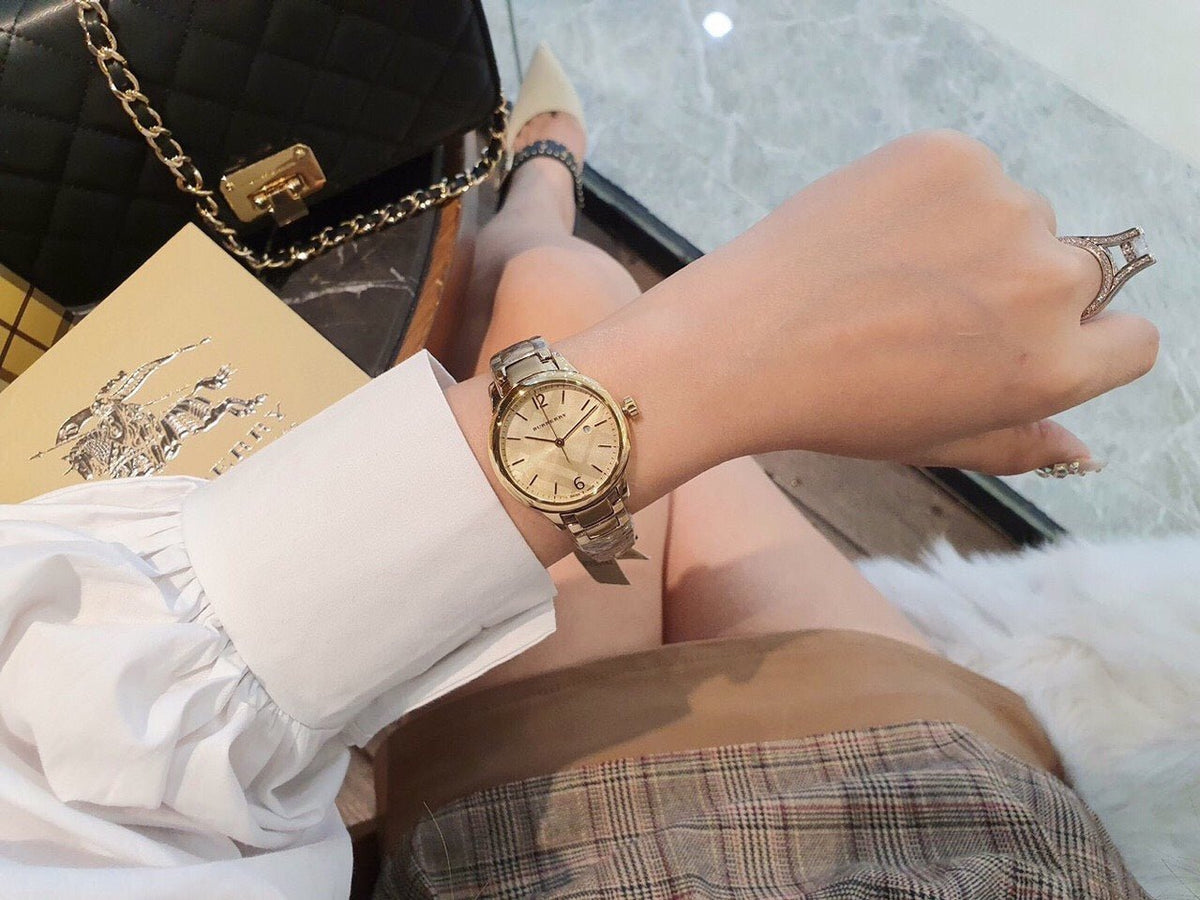Burberry The Classic Champagne Dial Gold Steel Strap Watch for Women - BU10109