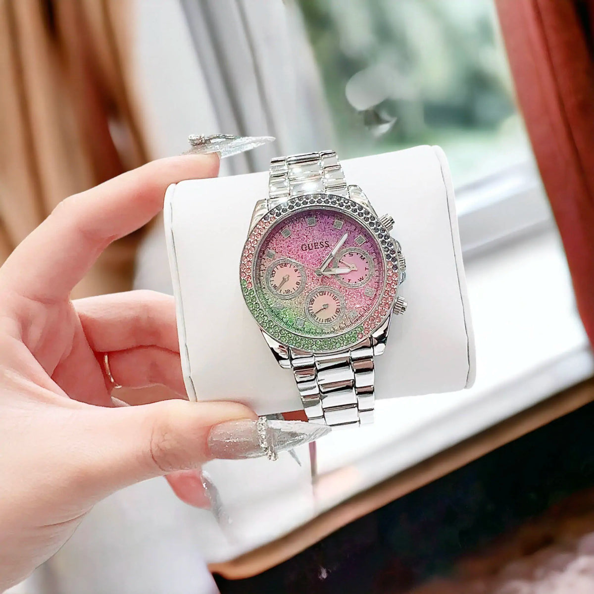 Guess Sol Chronograph Crystals Multicolor Dial Silver Steel Strap Watch For Women - GW0483L1