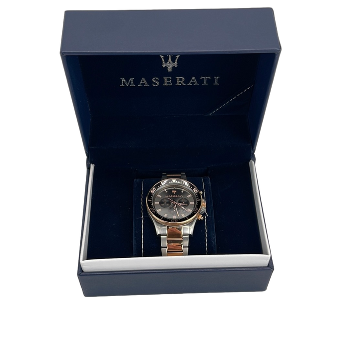 Maserati SFIDA Chronograph Black Dial Two Tone Steel Strap Watch For Men - R8873640002