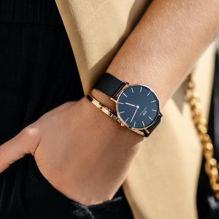 Daniel Wellington Petite Ashfield Black Dial Black Mesh Strap Watch For Women - DW00100245