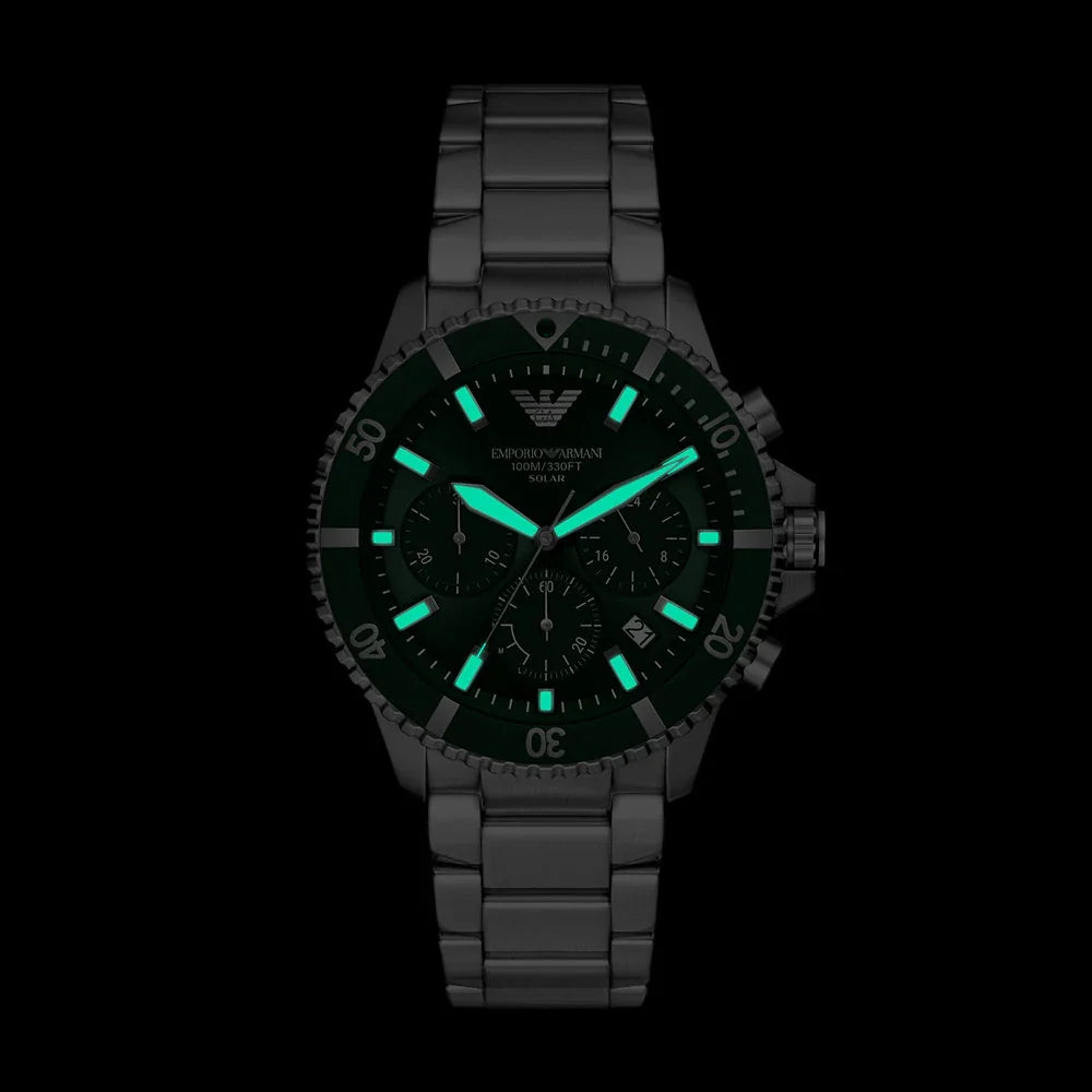 Emporio Armani World Explorer Solar Chronograph Green Dial Silver Steel Strap Watch for Men - AR11741