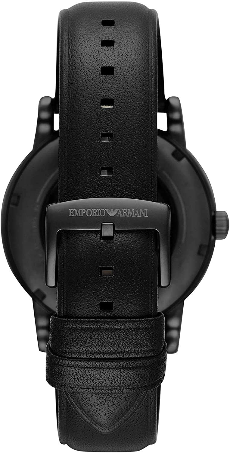Emporio Armani Meccanico Automatic Skeleton Dial Black Leather Strap Watch For Men - AR60008