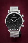 Emporio Armani Luigi Chronograph Black Dial Silver Mesh Bracelet Watch For Men - AR1811