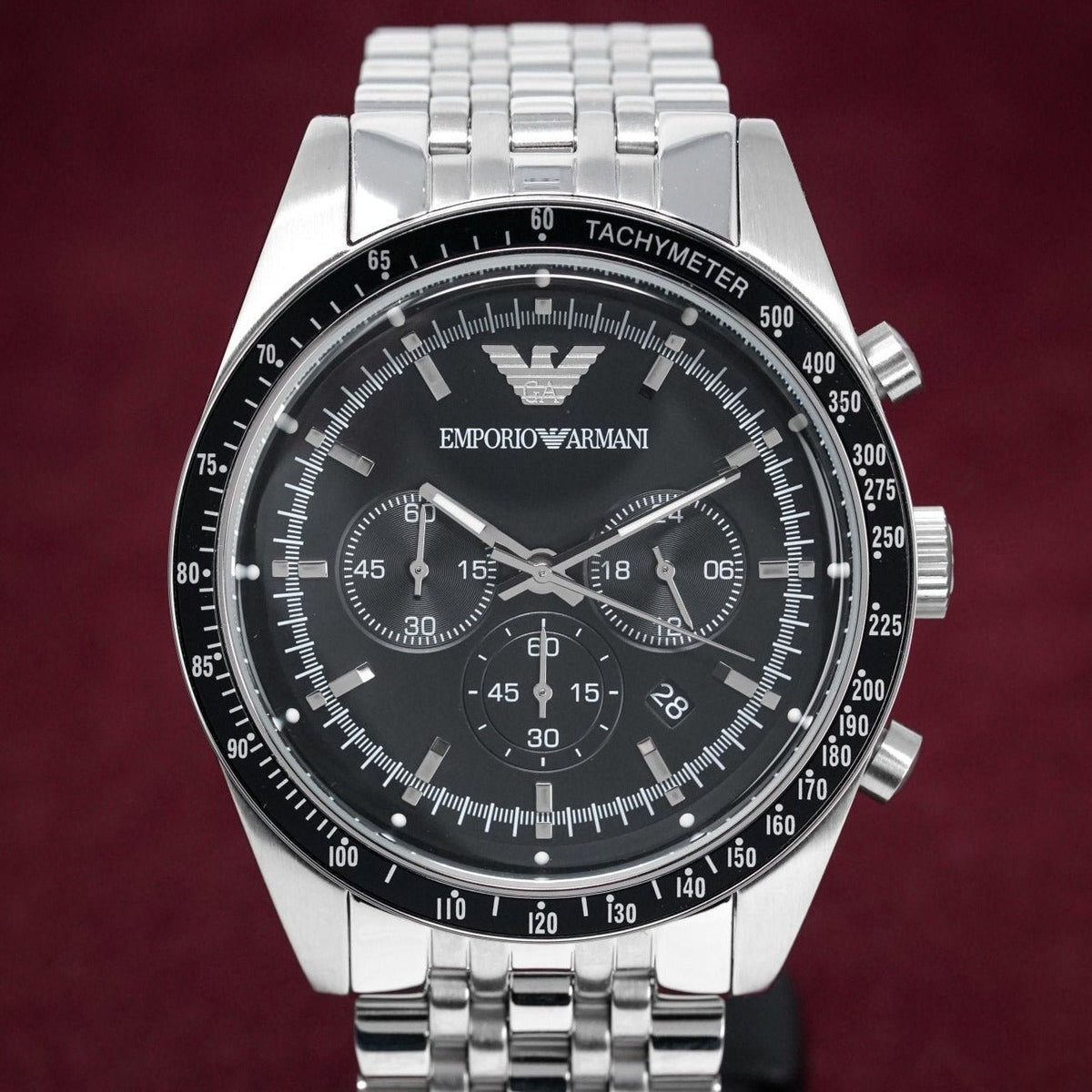 Emporio Armani Tazio Chronograph Black Dial Silver Steel Strap Watch For Men - AR5988