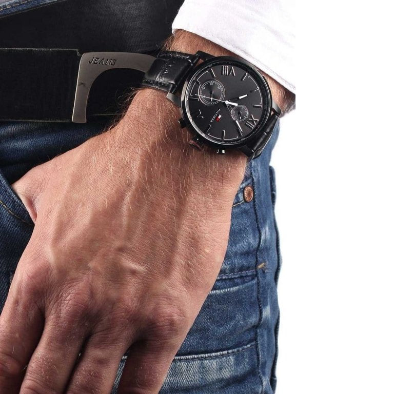 Tommy Hilfiger Aden Chronograph Black Dial Black Leather Strap Watch for Men - 1791310