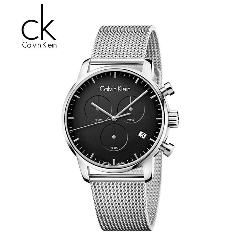Calvin Klein City Chronograph Black Dial Silver Mesh Bracelet Watch for Men - K2G27121