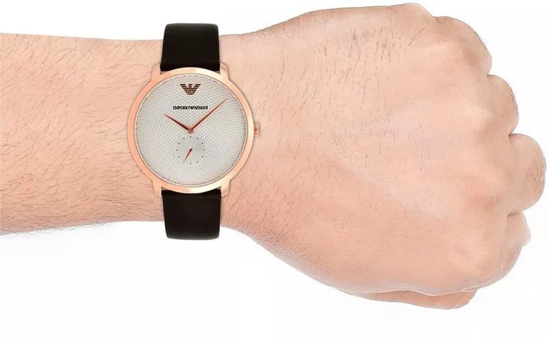 Emporio Armani Modern Slim Analog Silver Dial Brown Leather Strap Watch For Men - AR11163