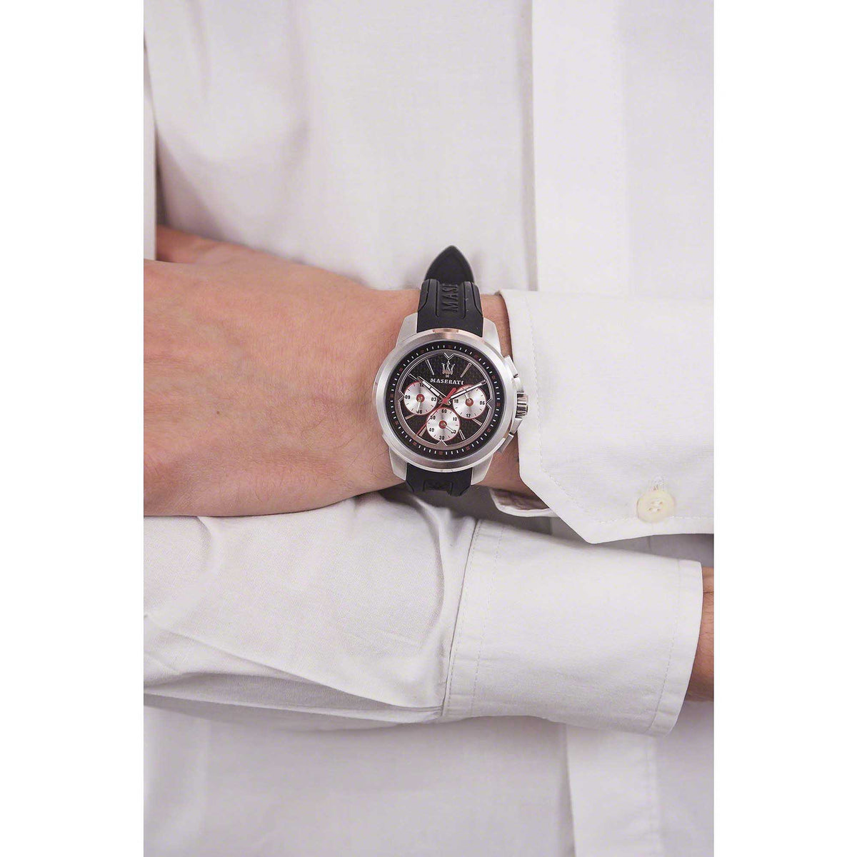 Maserati SFIDA Chronograph Black Silver Dial Black Rubber Strap Watch For Men - R8851123001