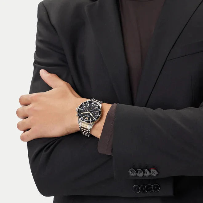 Emporio Armani World Explorer Solar Powered Chronograph Black Dial Two Tone Steel Strap Watch for Men - AR11680