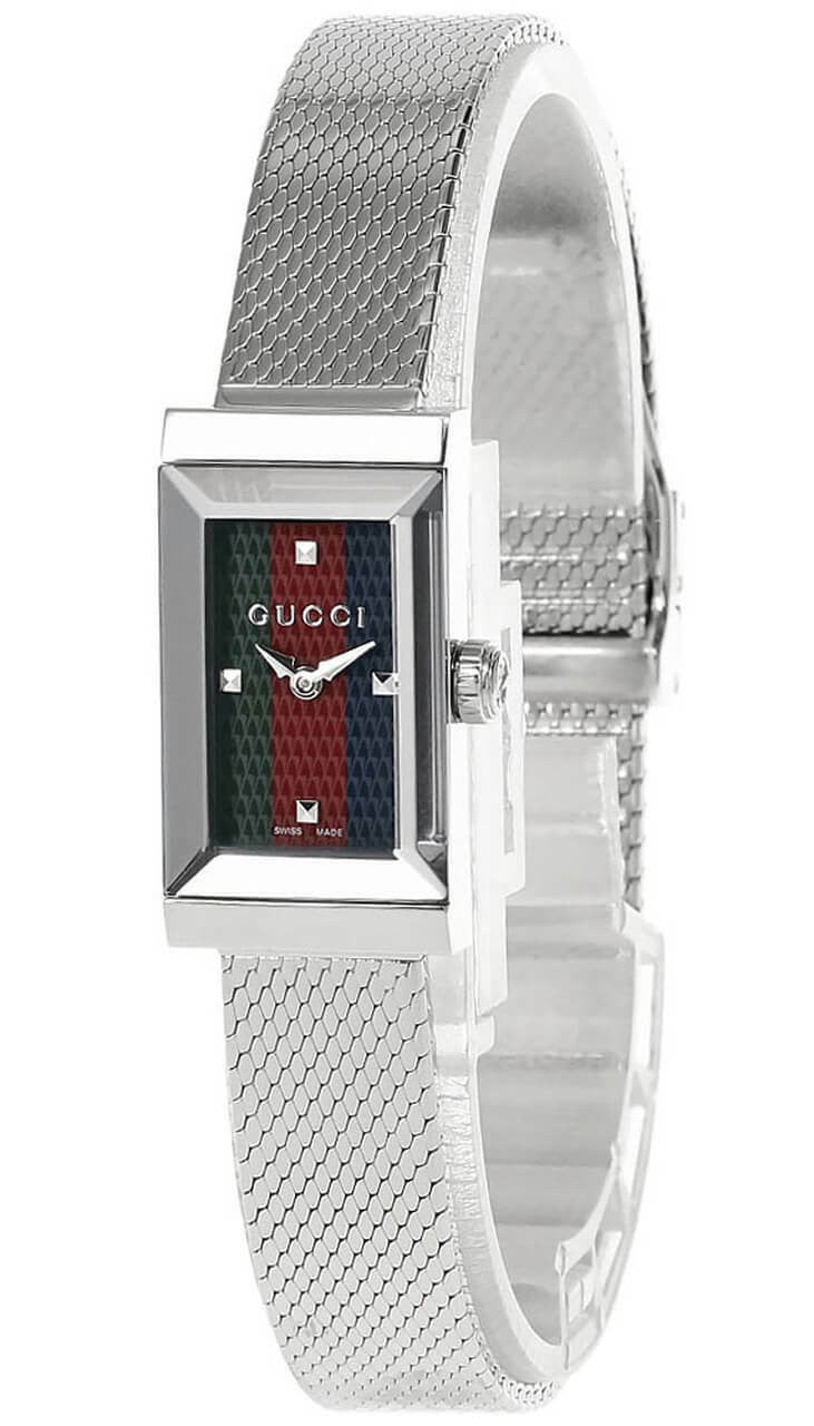 Gucci G Frame Quartz Diamonds Green & Red Mother of Pearl Dial Silver Mesh Bracelet Watch For Women - YA147510