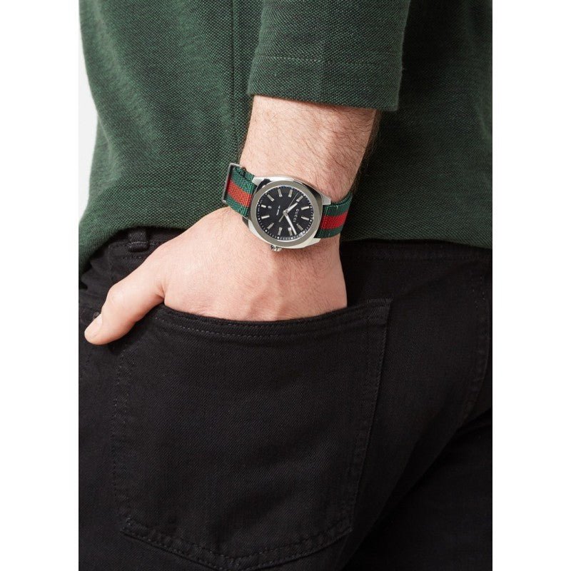 Gucci GG2570 Quartz Black Dial Green & Red Nylon Strap Watch For Men - YA142305