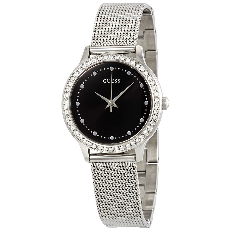 Guess Chelsea Crystals Black Dial Silver Mesh Bracelet Watch For Women  - W0647L5