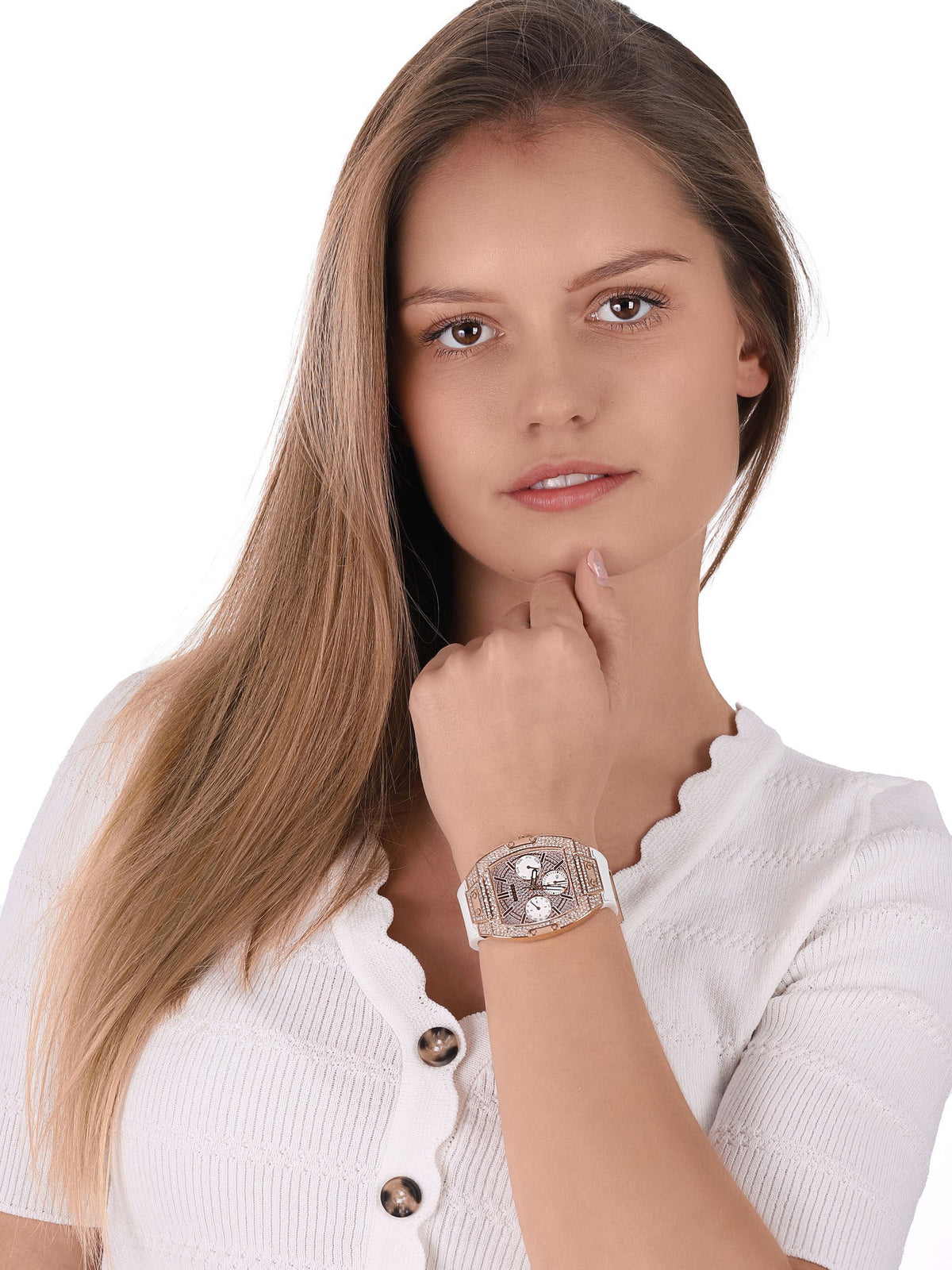 Guess Raven Diamonds Rose Gold Dial White Silicone Strap Watch for Women - GW0105L3
