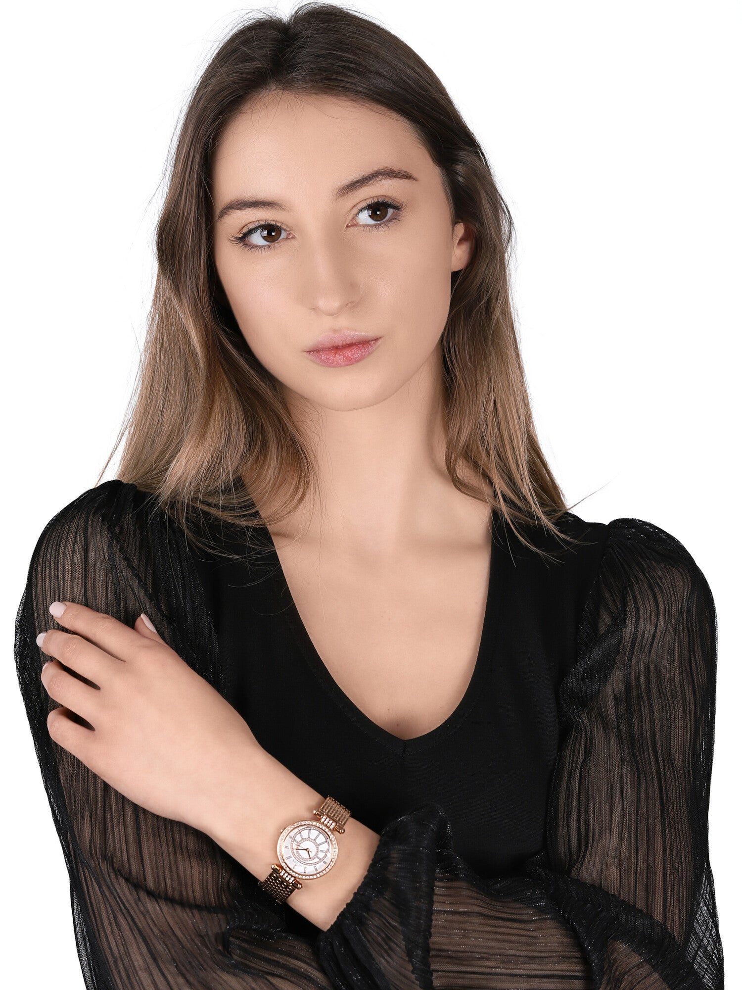 Guess Muse Quartz Silver Dial Rose Gold Steel Strap Watch For Women - W1008L3