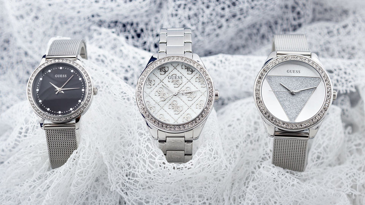 Guess Tri Glitz Quartz Silver Dial Silver Mesh Bracelet Watch For Women - W1142L1