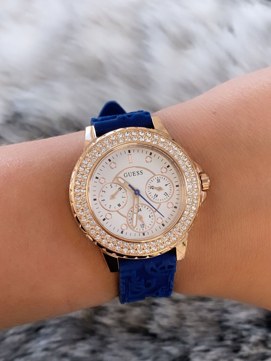 Guess Crown Jewel Diamonds White Dial Blue Rubber Strap Watch for Women - GW0411L2