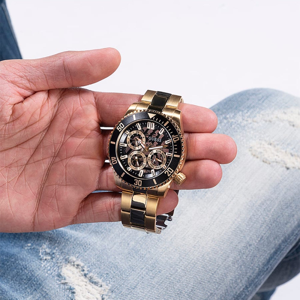Guess Axle Multifunction Black Dial Gold Steel Strap Watch For Men - GW0488G2