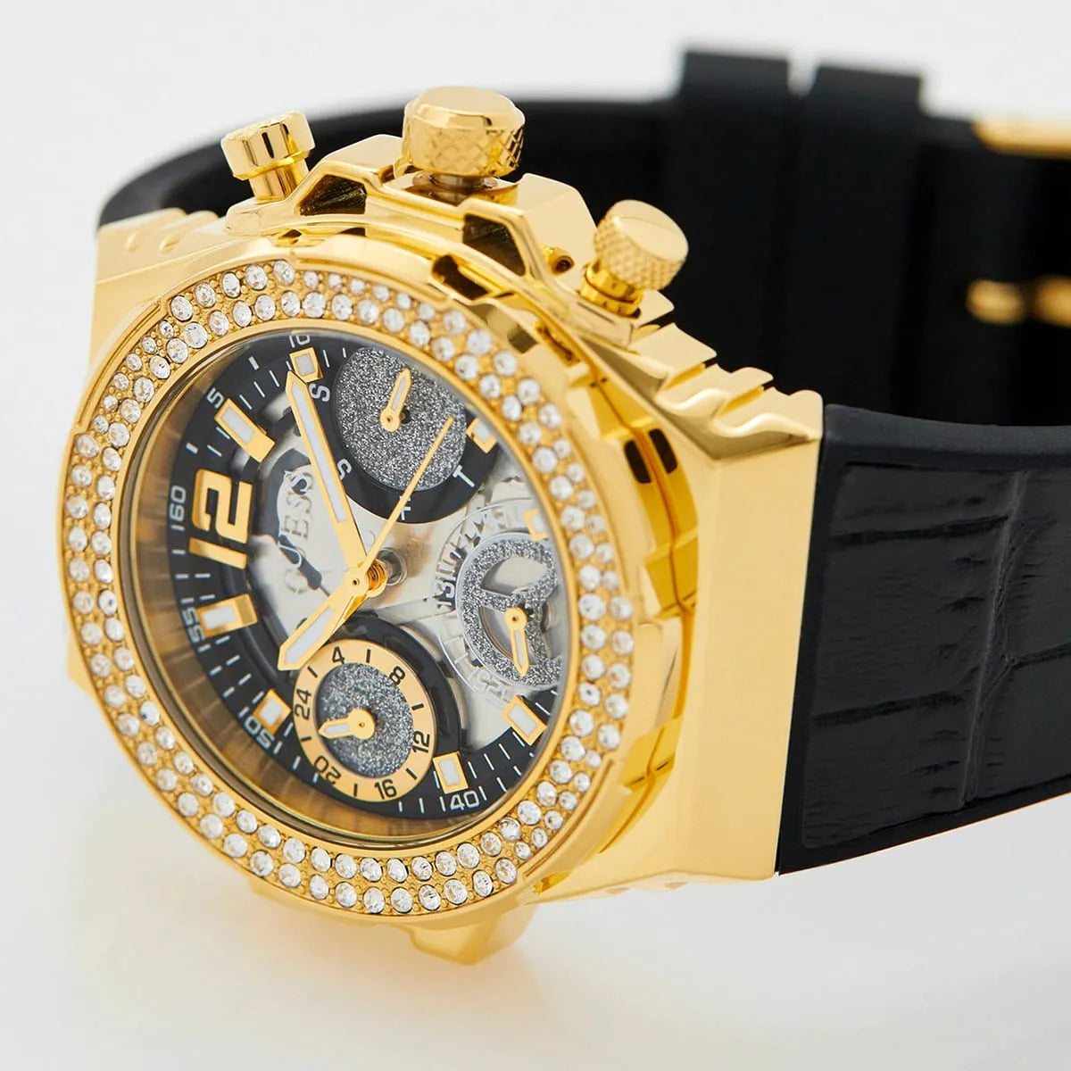 Guess Fusion Chronograph Black Dial Black Leather Strap Watch For Women - GW0553L4