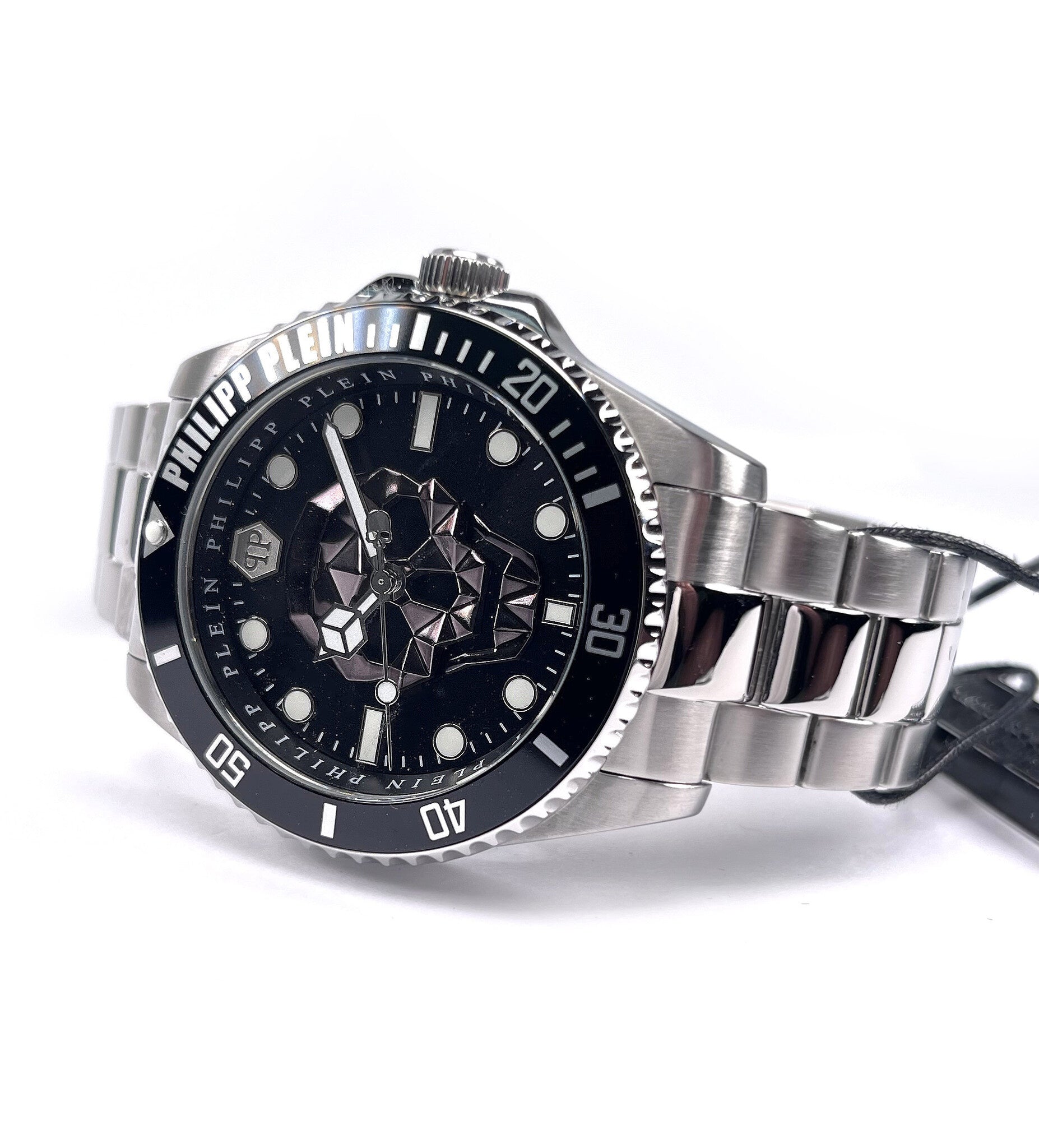 Philipp Plein The $kull Diver Black Dial Silver Steel Strap Watch For Men- PWOAA0522