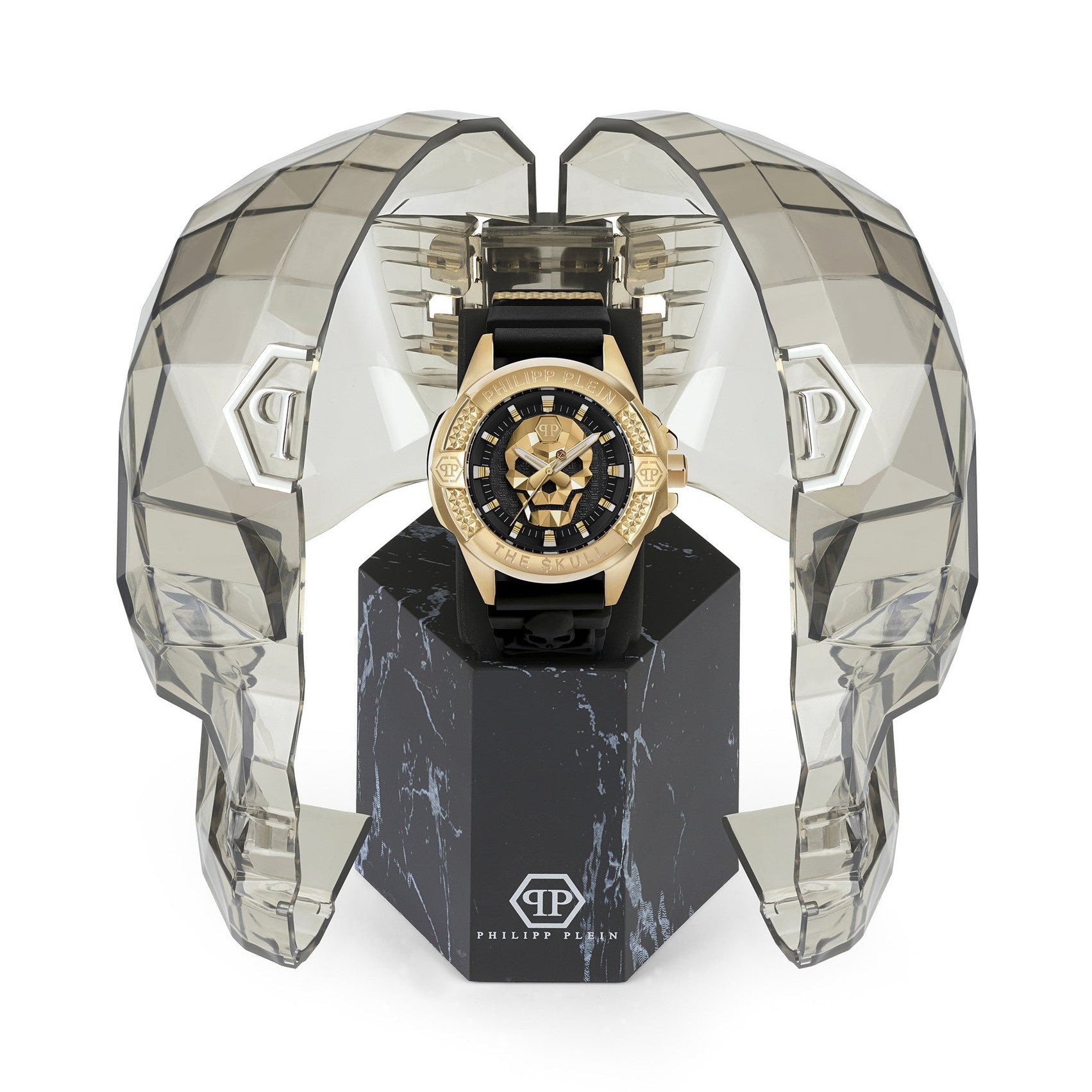 Philipp Plein The Skull Gold Dial Black Silicone Strap Watch for Men - PWAAA0221