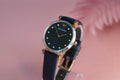 Emporio Armani Gianni T Bar Analog Blue Dial Black Leather Strap Watch For Women - AR1989