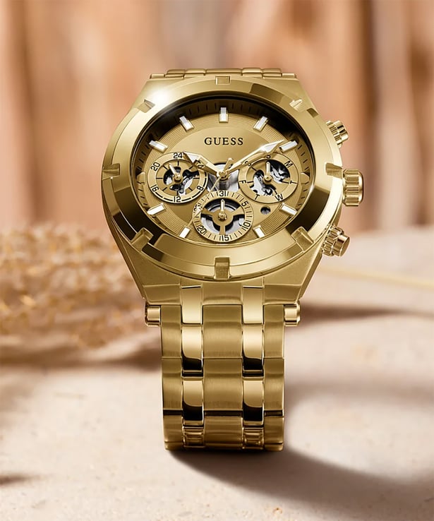 Guess Continental Gold Dial Gold Steel Strap Watch For Men - GW0260G4
