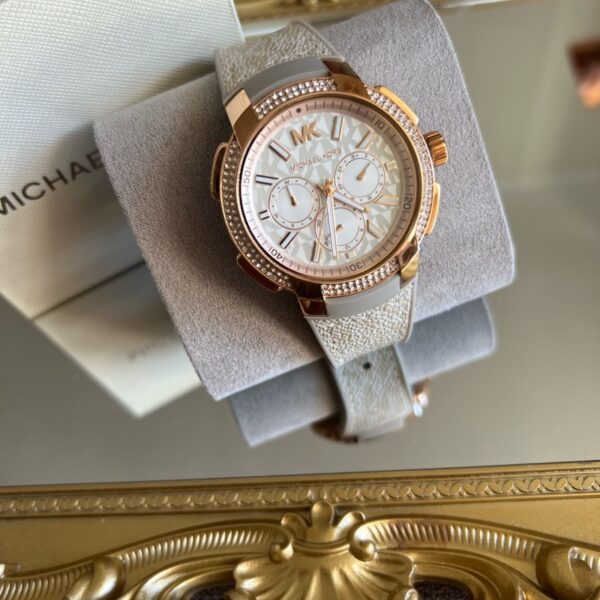 Michael Kors Sidney Chronograph White Dial Beige Leather Strap Watch For Women - MK6949