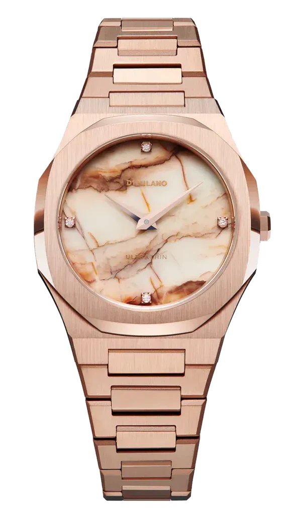 D1 Milano Ultra Thin Marble Dial Rose Gold Steel Strap Watch for Women - D1-UTBL14
