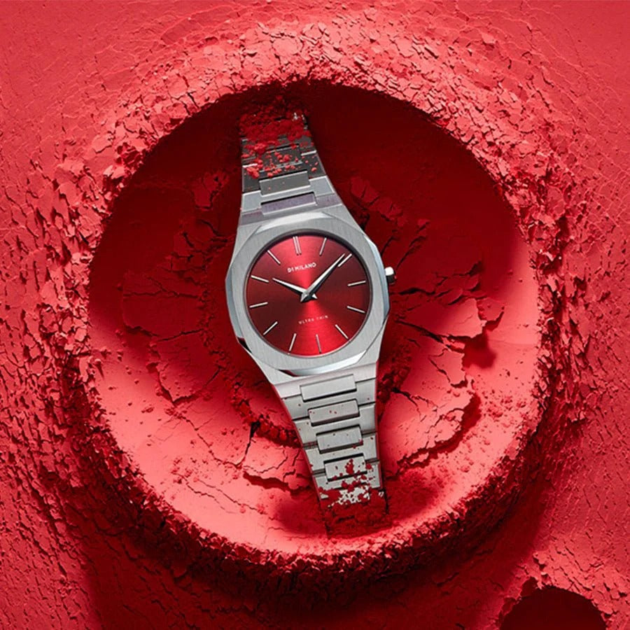 D1 Milano Ultra Thin Red Dial Silver Steel Strap Watch for Men - D1-UTBJ05