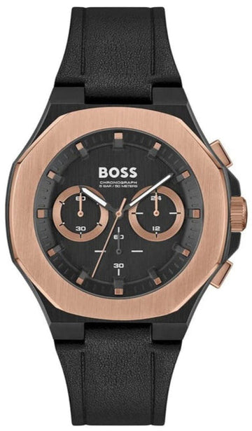 Hugo Boss Taper Chronograph Black Dial Black Leather Strap Watch for Men - 1514089