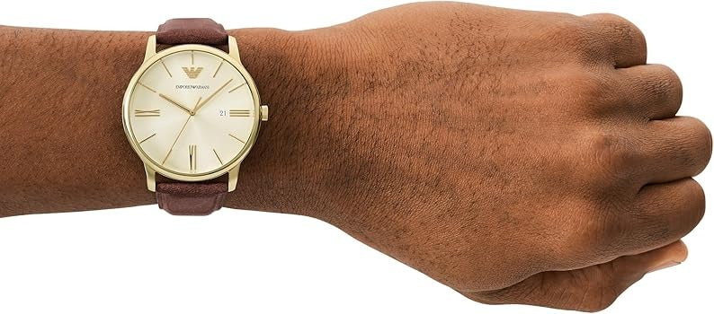 Emporio Armani Minimalist Quartz Gold Dial Brown Leather Strap Watch for Men - AR11610