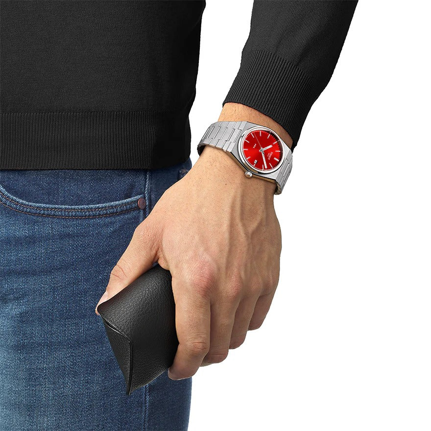 Tissot PRX Quartz Red Dial Silver Steel Strap Watch for Men - T137.410.11.421.00