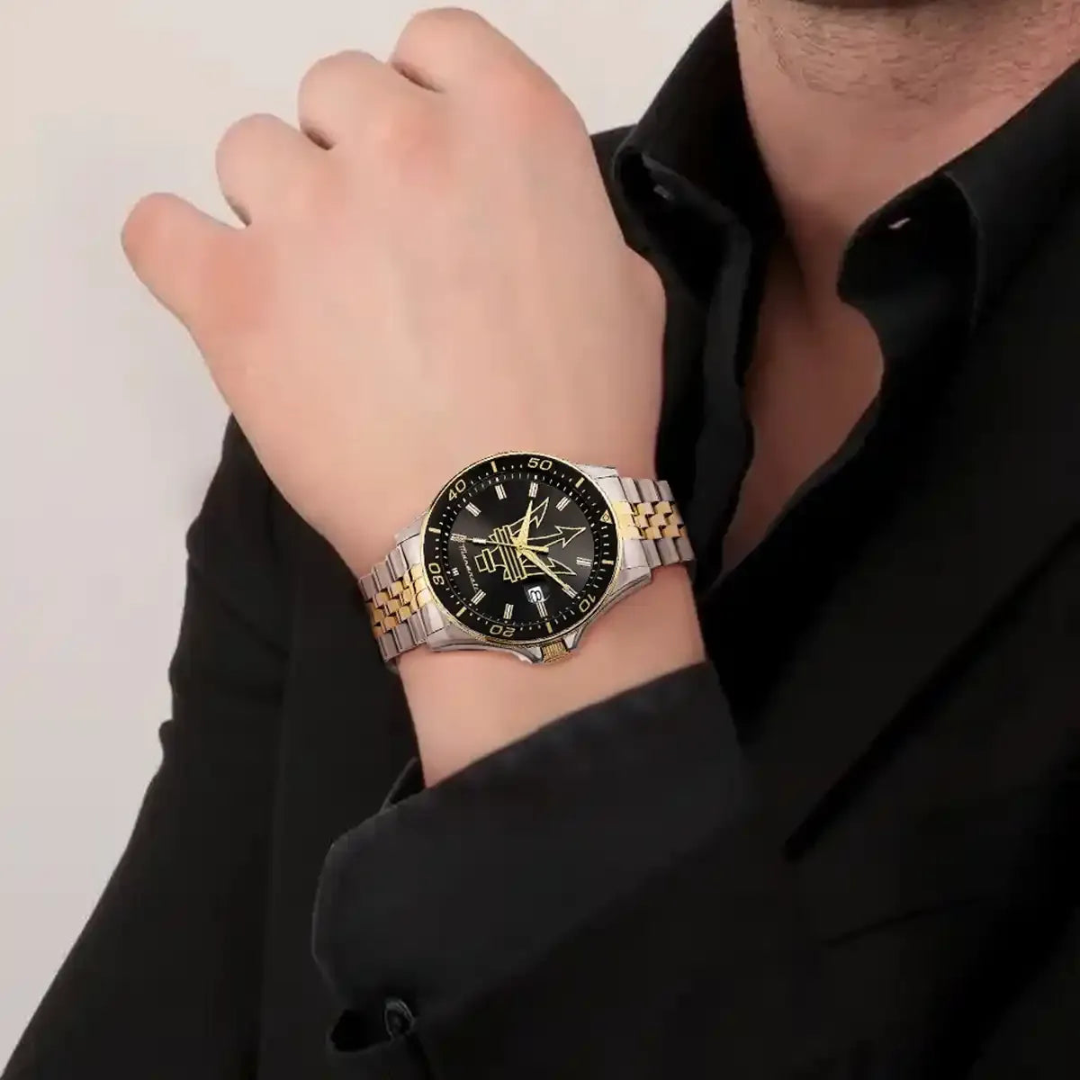 Maserati SFIDA Black Dial Two Tone Steel Strap Watch for Men - R8853140009
