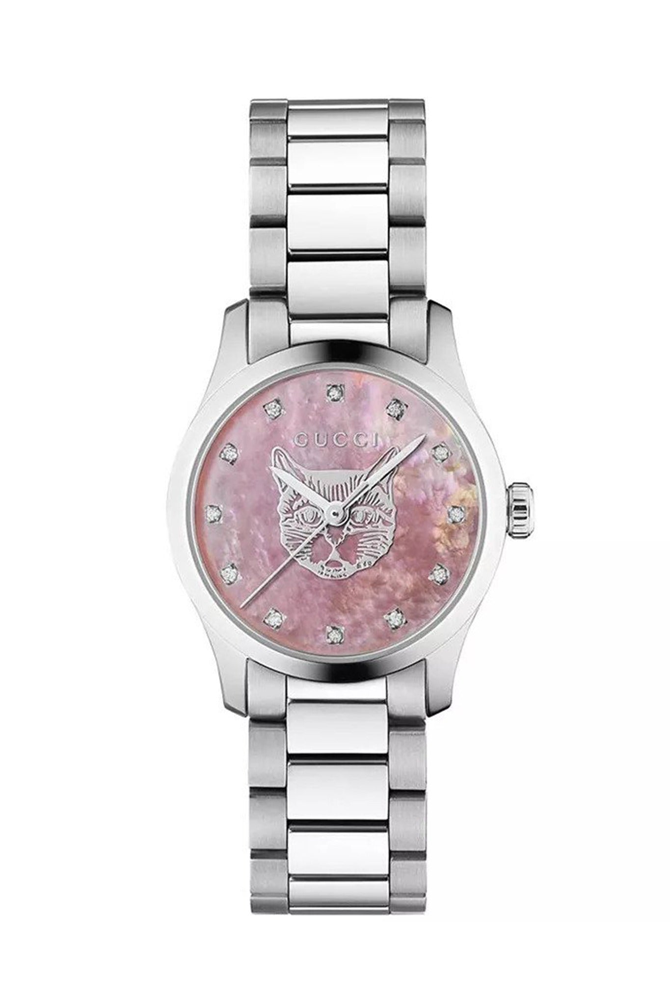 Gucci G Timeless Diamonds Pink Mother of Pearl Dial Silver Steel Strap Watch for Women - YA1265025
