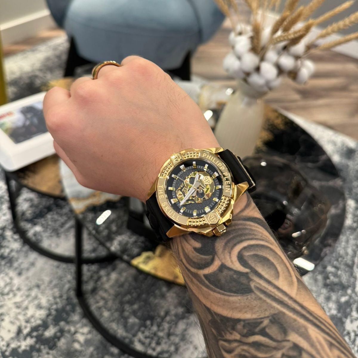 Philipp Plein The Skull Gold Dial Black Silicone Strap Watch for Men - PWAAA0221