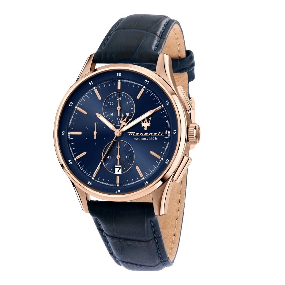 Maserati Sorpasso Chronograph Blue Dial Blue Leather Strap Watch for Men - R8871624009
